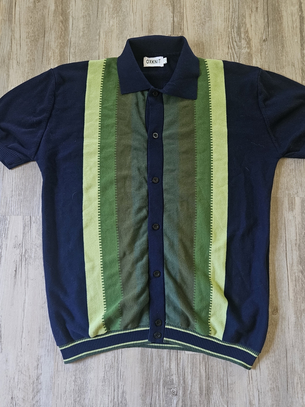 OXKNIT Men's Retro Navy and Green Striped Button-Up Cardigan Sweater Polo XXL